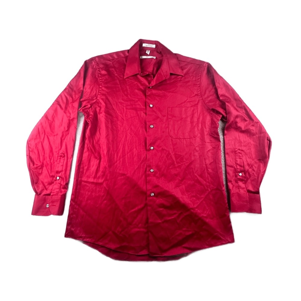 Geoffrey Beene Dress Shirt Men L 16 34/35 Red Sateen Wrinkle-Free Business Work